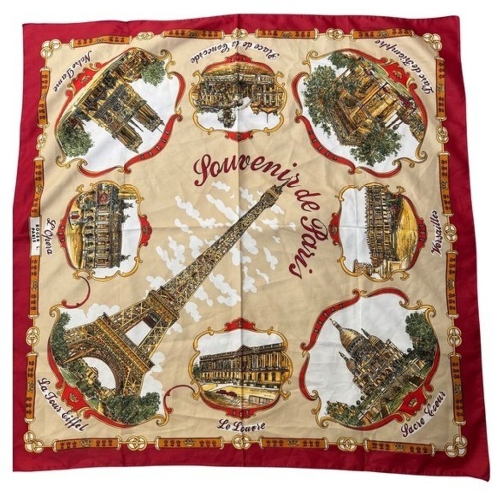 Vintage Roger L. Paris Souvenir Scarf 31" Square Red/Tan